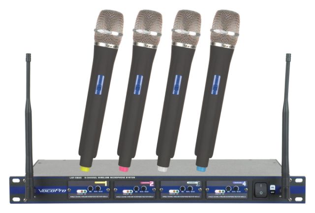<b>Wireless microphone system - 4 handheld mics</b><br><br>Includes cable and boom stands<br><br>$21.00/day
