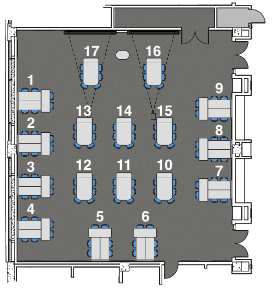 ALP 1600 diagram; student work stations along the walls are labeled 1-9, workstations 10-16 are placed in the center of the room